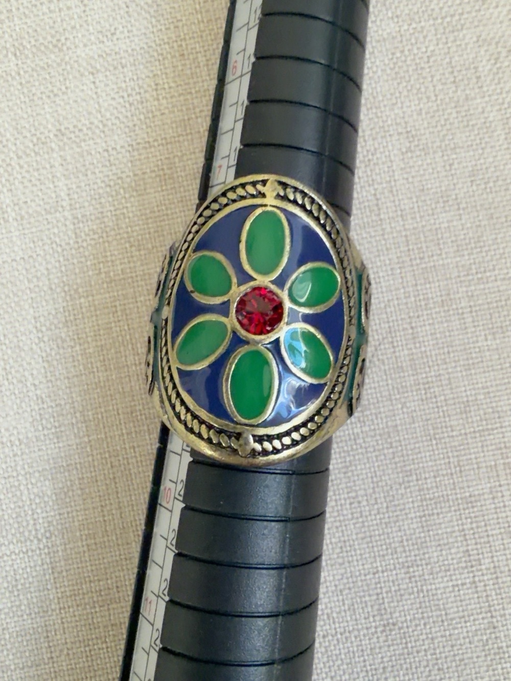 Green and Blue Floral Stone Statement Ring with Red Center